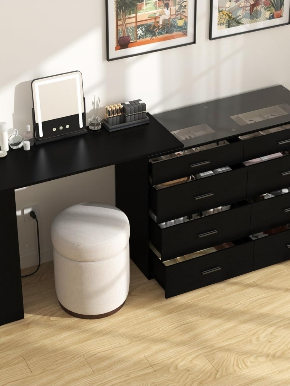 NEW! Glass Top Vanity w/LED Lights, Remote, Power Outlets, 360 Rotate for Corner